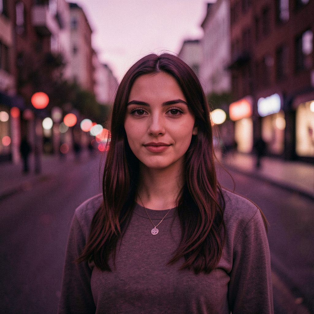 A young woman with dark hair looking over her shoulder, warm amber and soft pink tones, intimate mood
